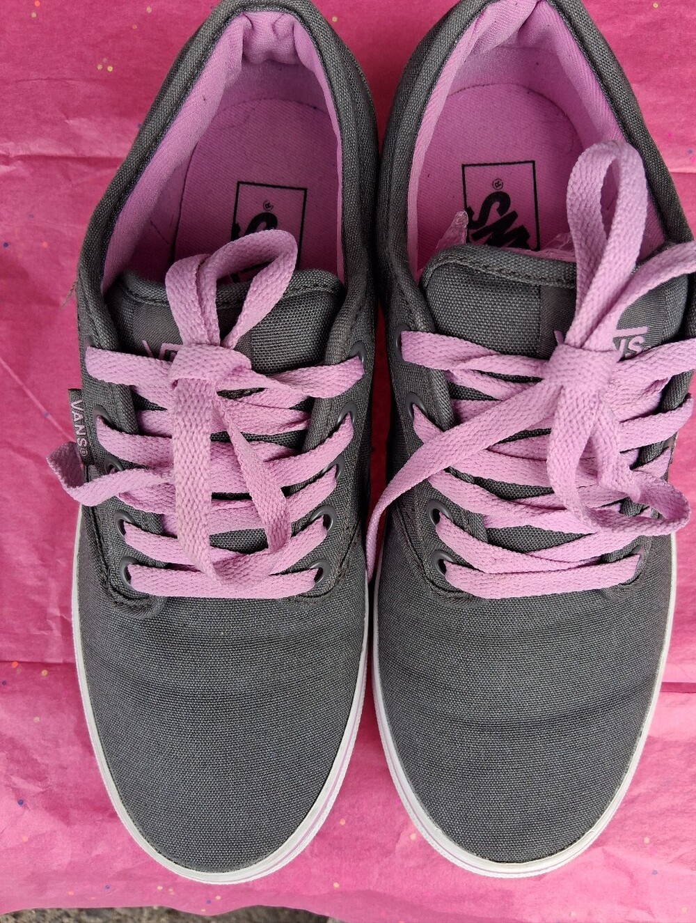 Vans Women’s Gray Canvas Sneakers with Light Pink Laces